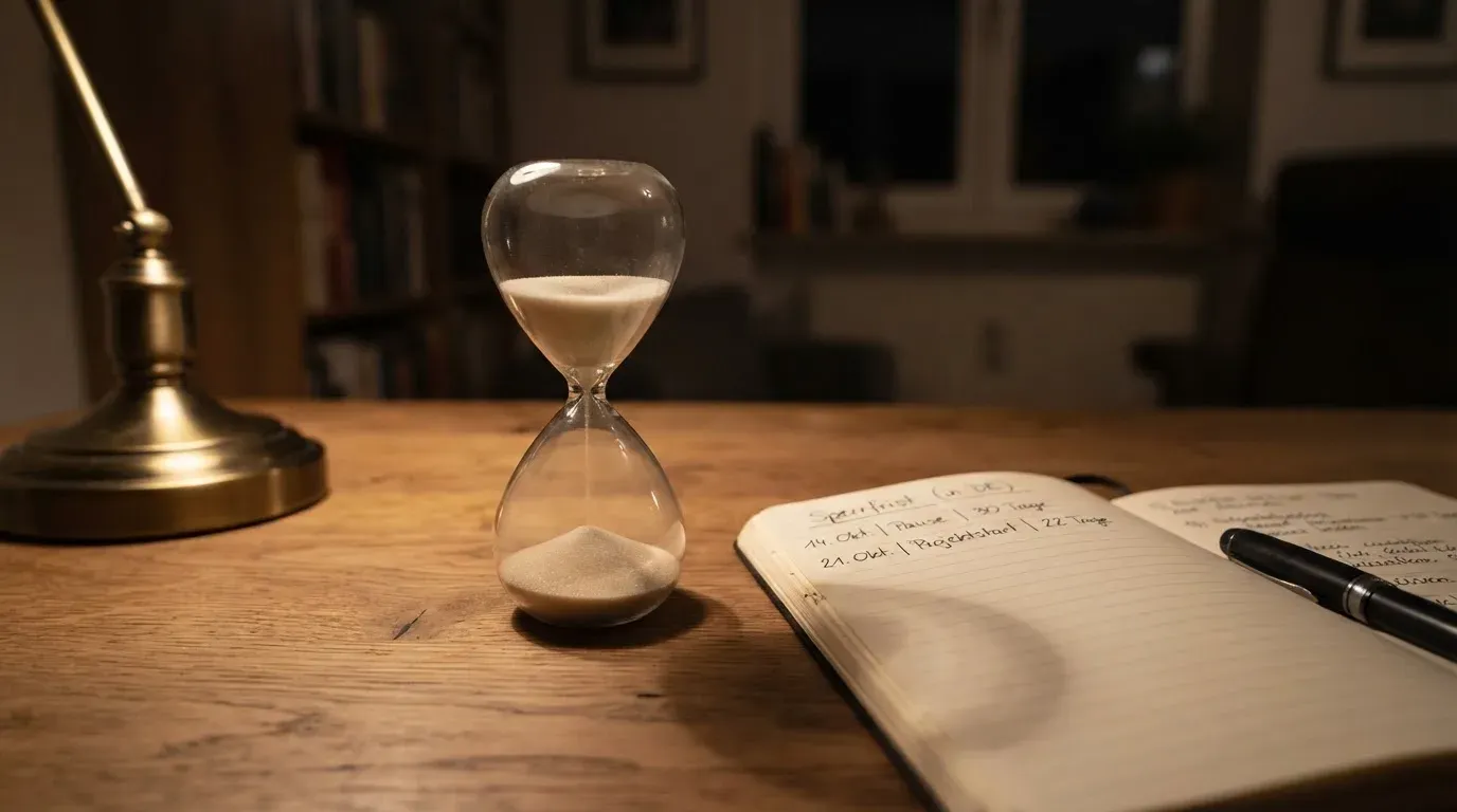 Eine Sanduhr steht auf einem Schreibtisch neben einem Notizbuch mit handschriftlichen Einträgen im Licht einer Lampe