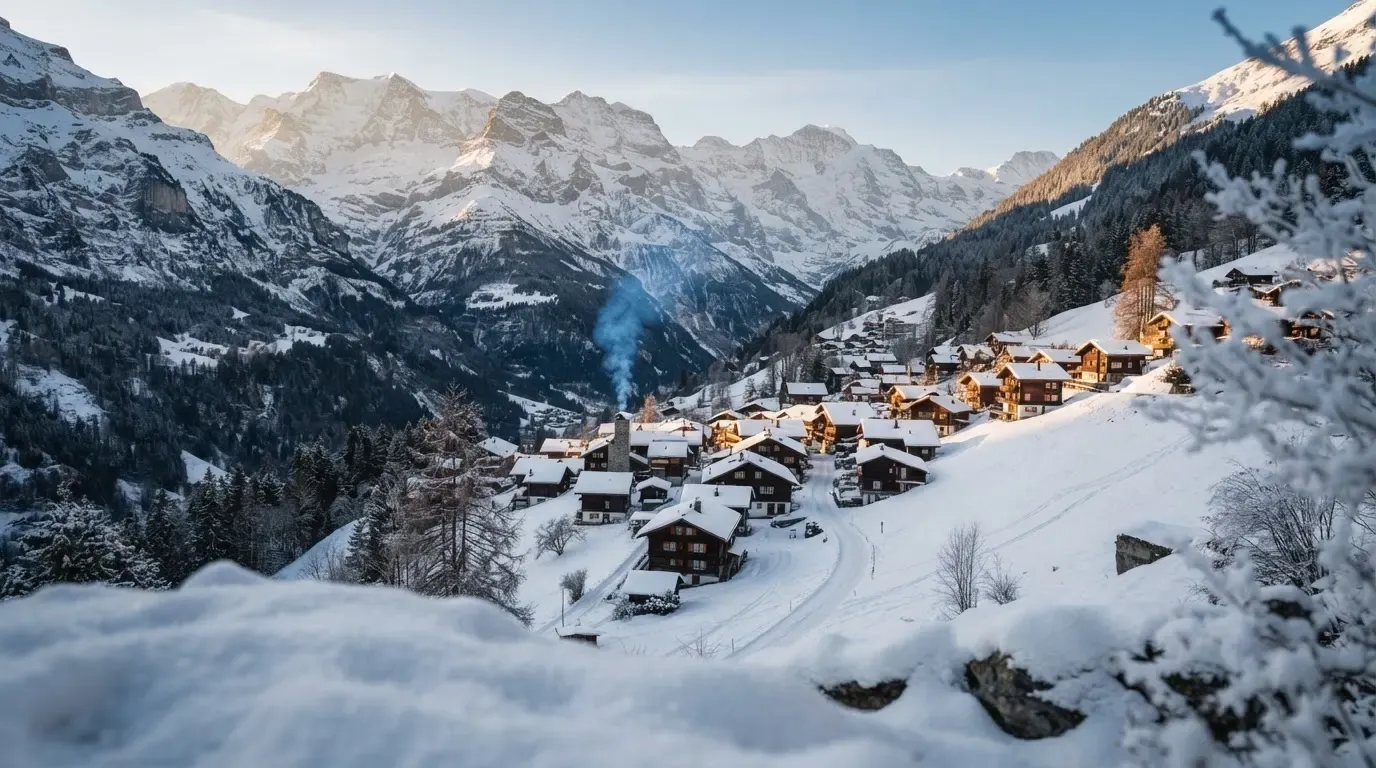 Ein Bergdorf im Schnee am Morgen aus der Ferne gesehen, aus einem Kamin steigt Rauch auf