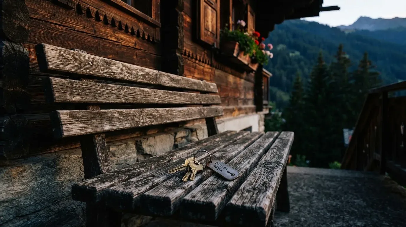 Eine Holzbank steht vor einem Chalet im Abendlicht, ein Schlüsselbund liegt darauf