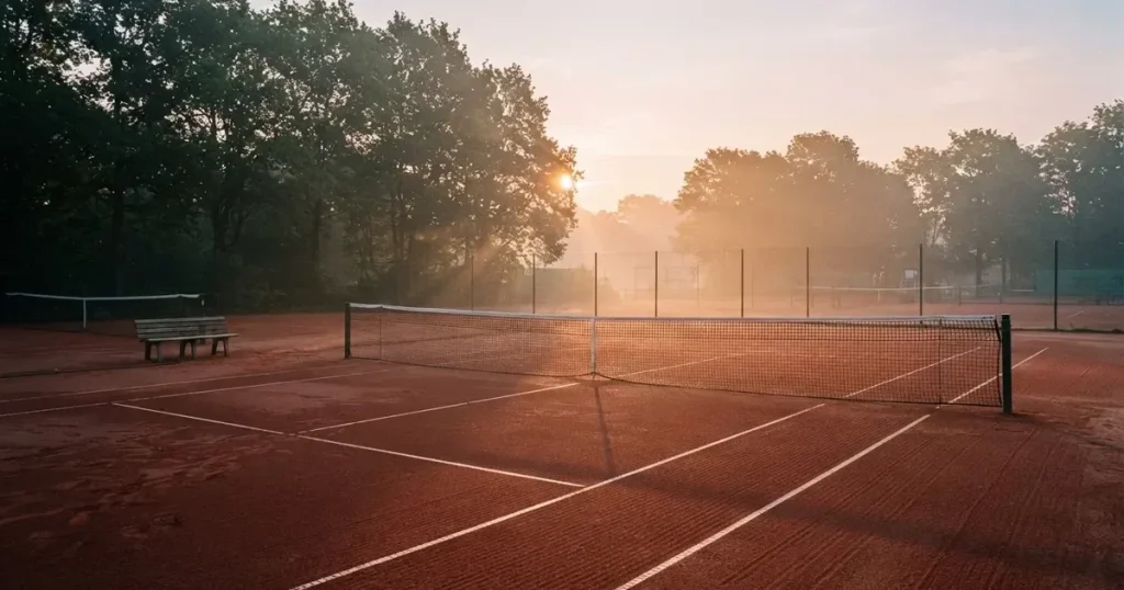 Ein Tennisplatz aus Sand bei Sonnenaufgang mit gespanntem Netz, Nebel zwischen den Bäumen am Rand