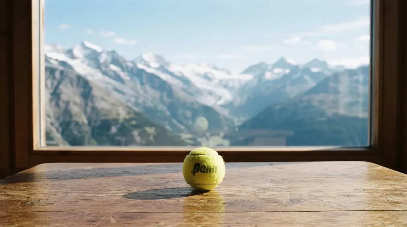 Ein einzelner gelber Tennisball liegt auf einem Holztisch vor einem Fenster mit Alpenblick