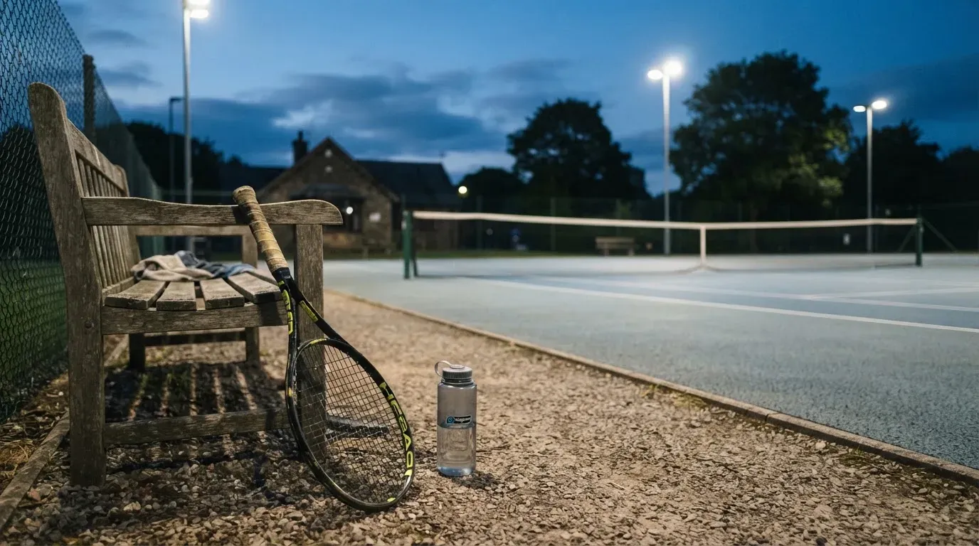 Ein Tennisschläger lehnt an einer Bank neben einer Wasserflasche, am Abend ruht der Platz im Flutlicht, aus der Ferne gesehen