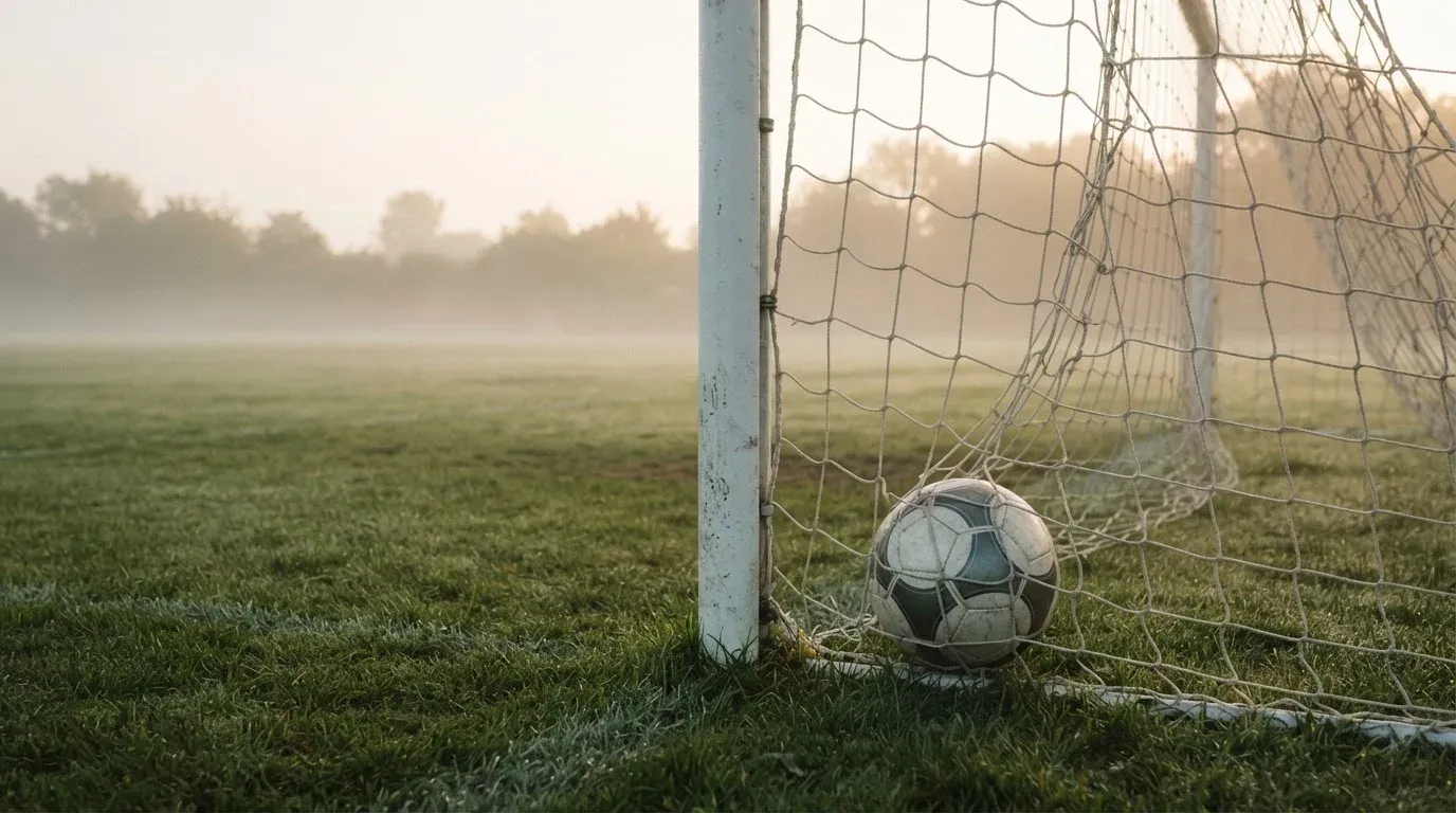 Ein Fussball liegt im Netz hinter einem Tor, weicher Morgennebel hängt über dem Rasen