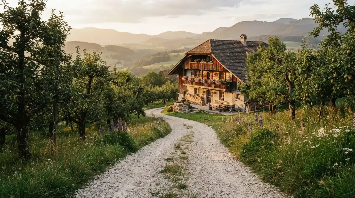 Ein Kiesweg führt durch einen Obstgarten zu einem Bauernhaus mit Holzbalkon, über dem Tal liegt Abendlicht
