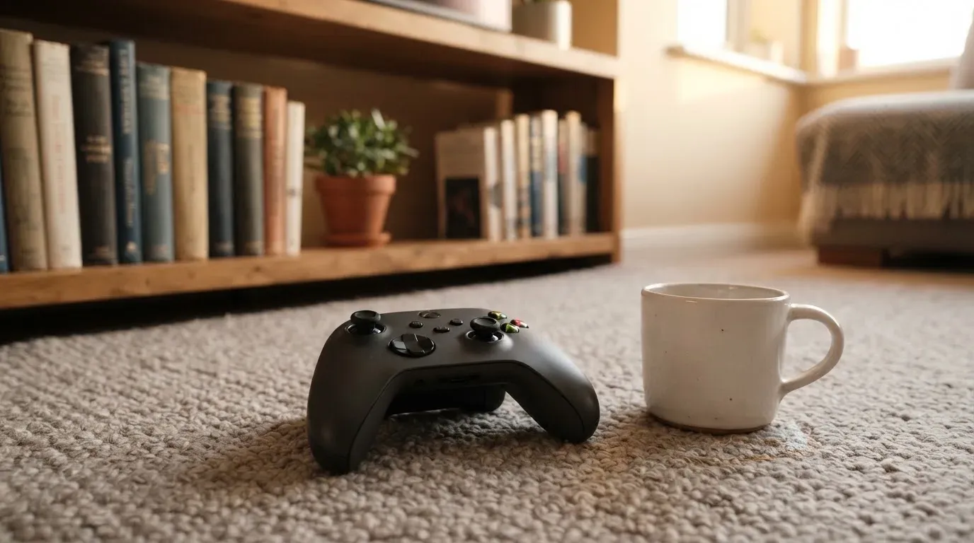 Ein Spielcontroller liegt auf einem Teppich neben einer Tasse, im Hintergrund ein Regal mit Büchern