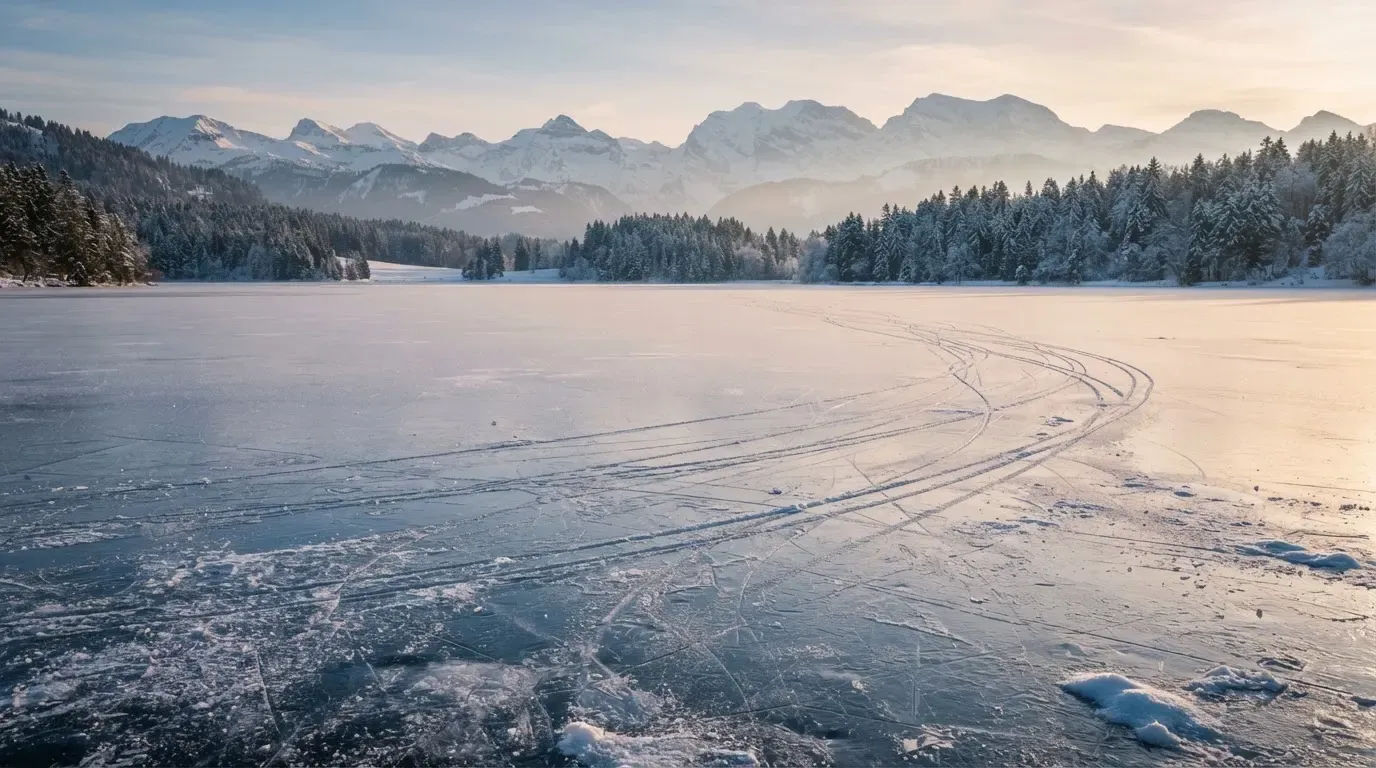 Ein zugefrorener Bergsee mit Spuren von Schlittschuhen am Morgen, dahinter ein verschneiter Wald