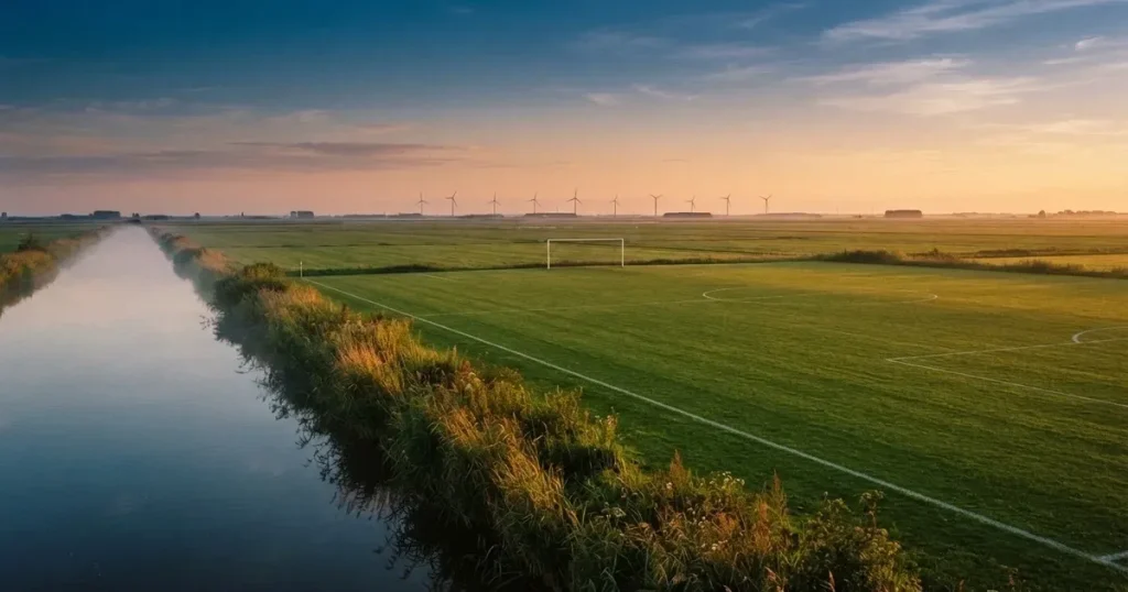 Ein Fussballplatz neben einem Kanal in flachem Land mit Windrädern am Horizont, Abendlicht liegt über dem Rasen