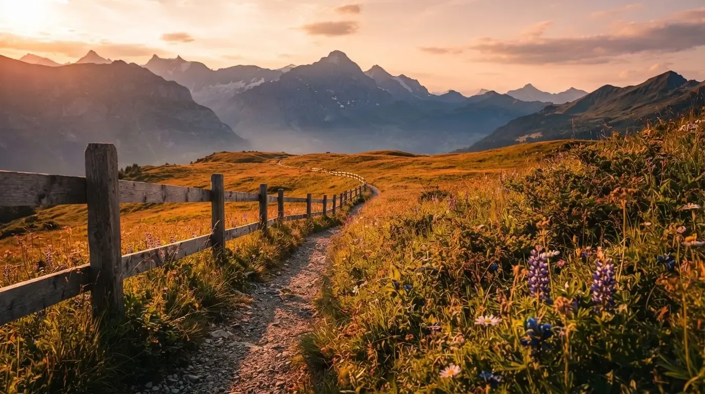 Ein Wanderweg führt durch eine Almwiese im Sonnenuntergang, am Wegrand steht ein Holzzaun