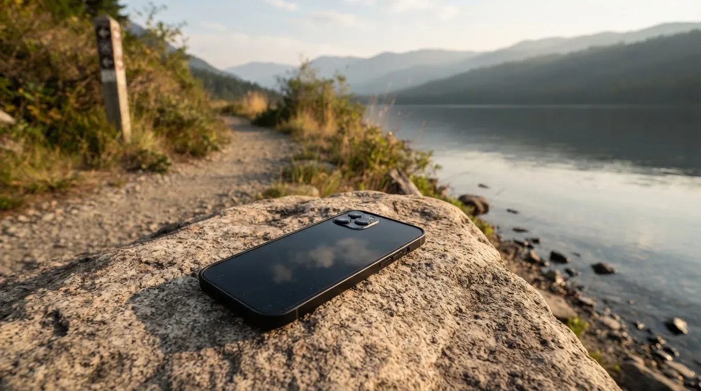 Ein schmaler Wanderweg führt am Seeufer entlang, auf einem Stein liegt ein Smartphone mit dunklem Display