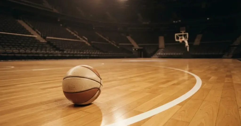 Ein Basketball liegt auf dem hellen Parkett einer leeren Halle, im Hintergrund steigen die Tribünenreihen im Halbdunkel an.
