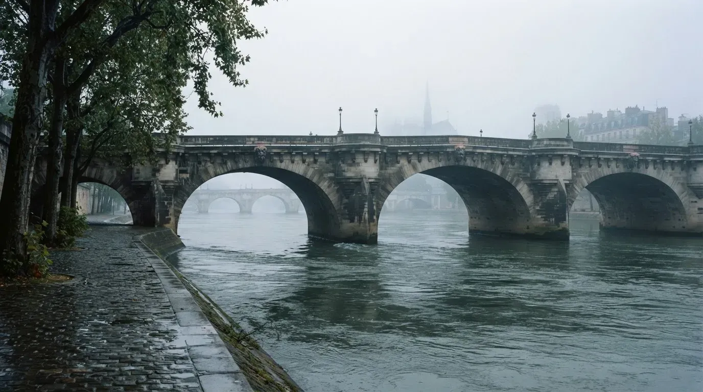 Ein breiter Fluss fliesst unter einer Steinbrücke im Nebel, am Ufer stehen Platanen mit nassen Blättern.