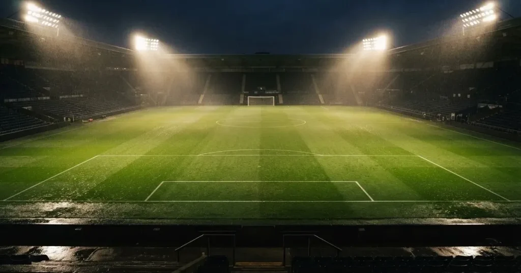Ein Rasenplatz bei Nacht unter hellem Flutlicht, Regentropfen glitzern in den Lichtkegeln und der Boden dampft leicht.