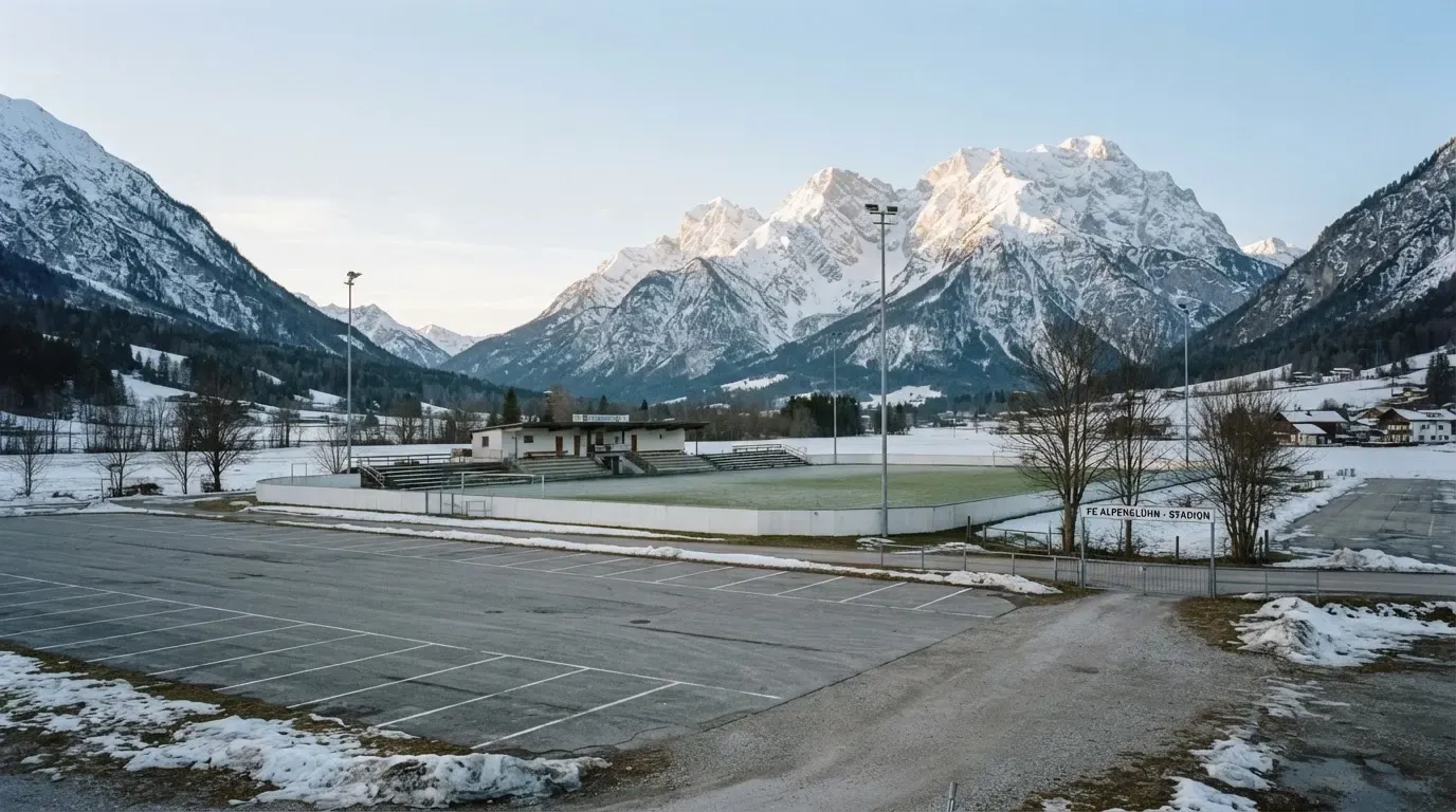 Schneebedeckte Berge ragen hinter einem kleinen Stadion in einem Alpental auf, im Vordergrund ein leerer Parkplatz am Morgen.