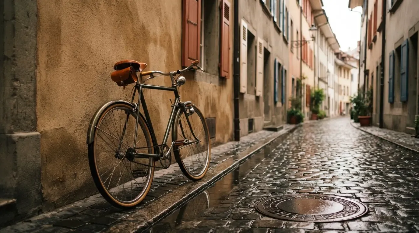 Ein Fahrrad lehnt an einer Mauer in einer Altstadtgasse, das Kopfsteinpflaster glänzt nass nach dem Regen.