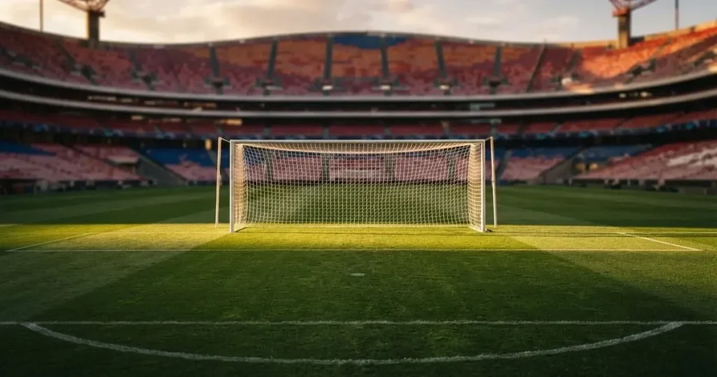 Ein Fussballtor mit weissem Netz steht auf frisch gemähtem Rasen, die hellen und dunklen Streifen im Gras leuchten im Gegenlicht.