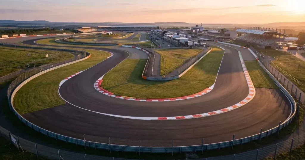 Eine leere Rennstrecke mit Asphaltkurven und rot-weissen Randsteinen, aus der Höhe bei Sonnenaufgang gesehen.