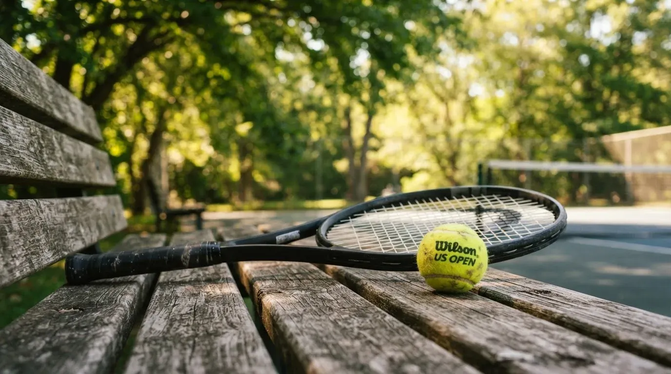 Ein Tennisball und ein Schläger ruhen auf einer Holzbank am Spielfeldrand, im Hintergrund hohe Bäume im Sommerlicht.