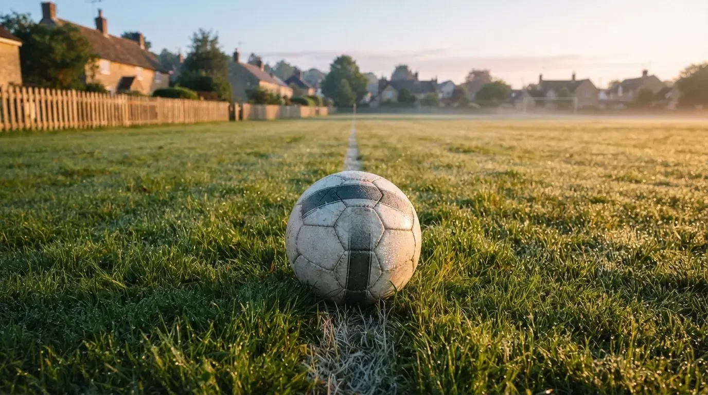 Ein Fussball liegt im Tau auf der Mittellinie eines Dorfplatzes bei Sonnenaufgang, der Rasen glitzert.
