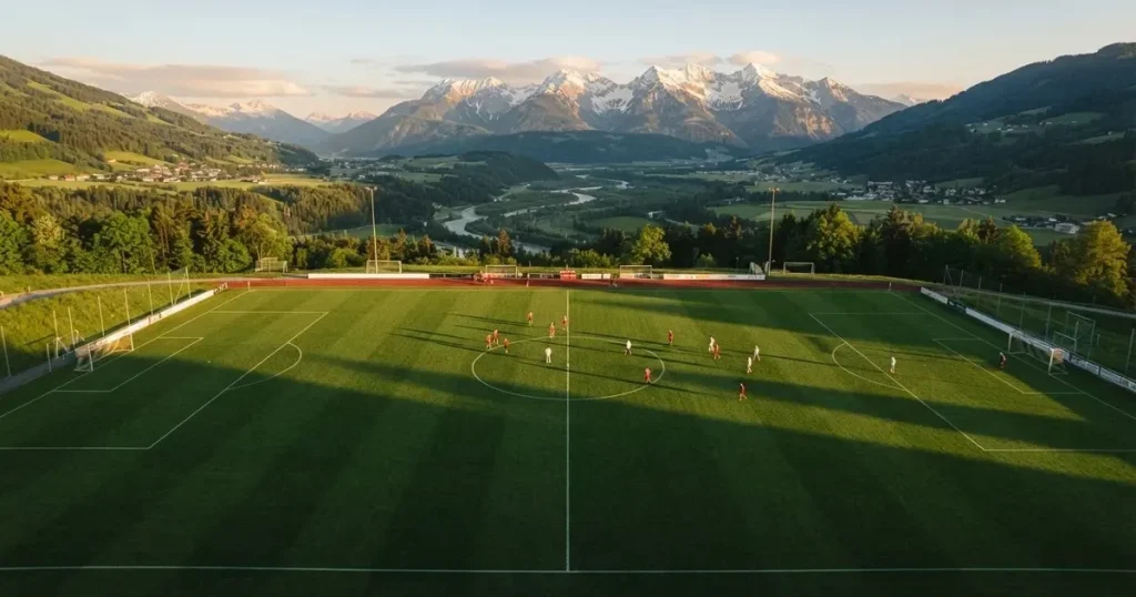 Ein Fussballplatz aus der Vogelperspektive mit sauberen Linien auf dichtem Rasen, in der Ferne verschneite Berge.
