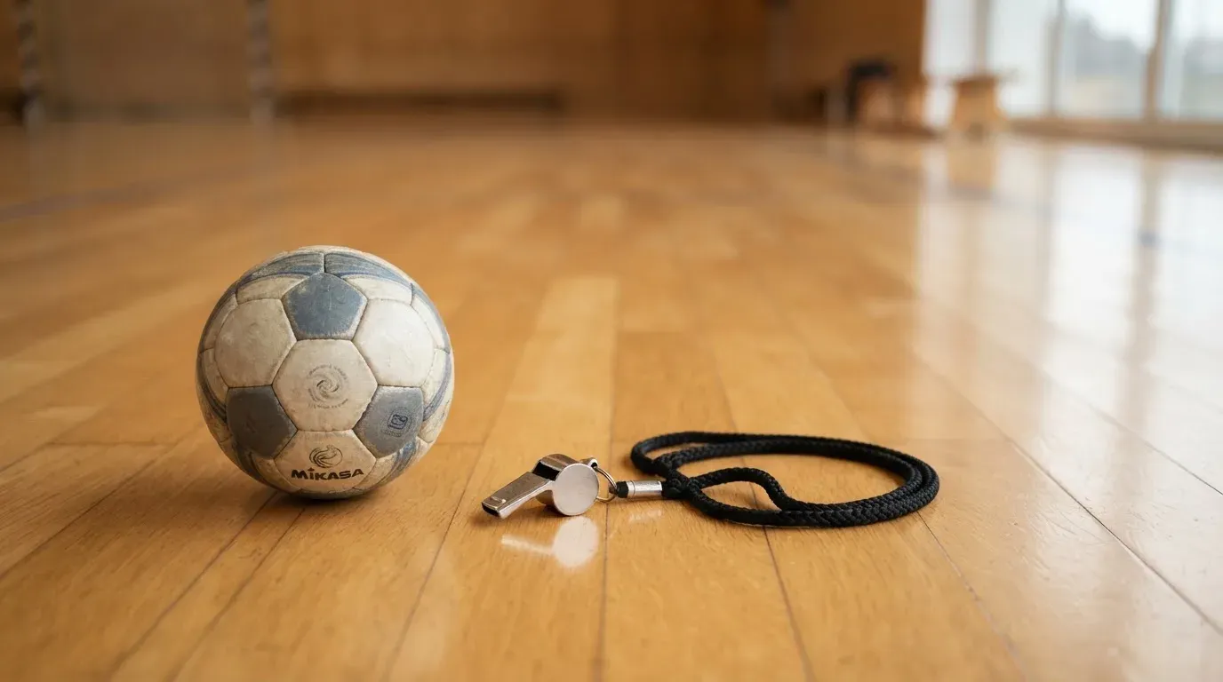 Ein kleiner, schwerer Ball liegt auf glattem Hallenparkett neben einer Trillerpfeife an einer Schnur.