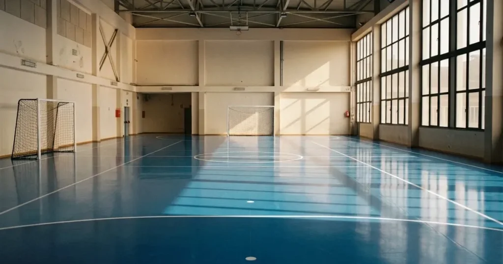 Eine leere Halle mit blauem Hallenboden und kleinen Toren an den Stirnseiten, Licht fällt durch hohe Fenster.