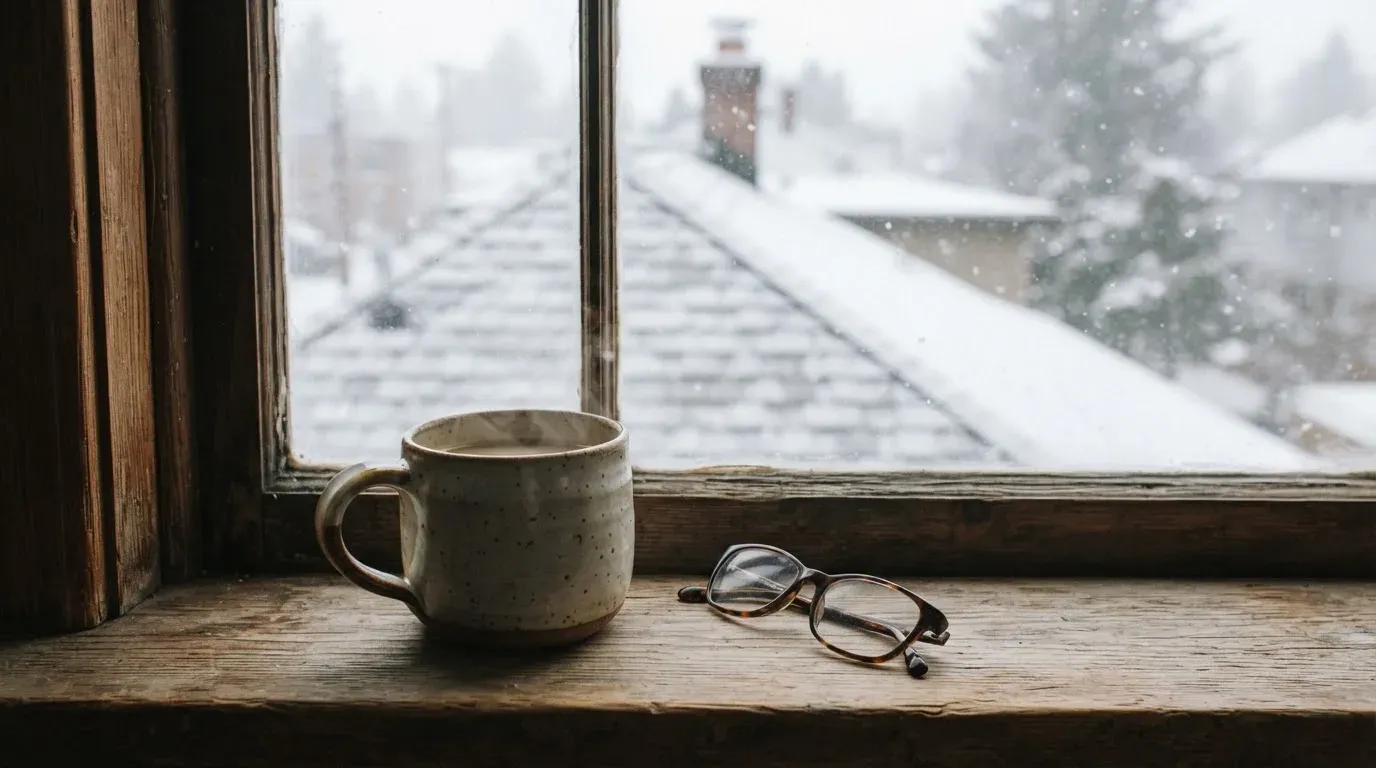 Eine Kaffeetasse und eine Brille stehen auf einem Fensterbrett, draussen fällt Schnee auf ein Dach.