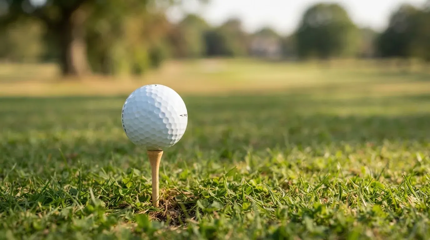 Ein Golfball liegt auf einem Holztee im Gras, scharf im Vordergrund, dahinter verschwimmt eine weite Wiese.