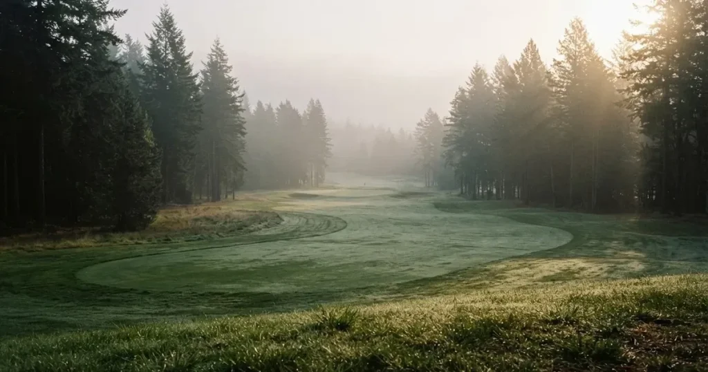 Ein weites Fairway zieht sich im Dunst des frühen Morgens zwischen Föhren hin, Tau liegt auf dem kurzen Gras.