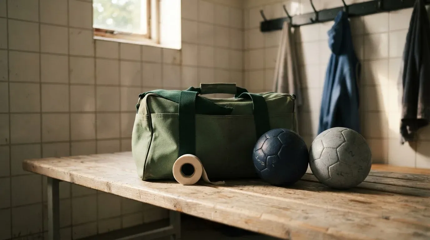 Eine Stofftasche mit Klebeband und zwei Handbällen steht auf einer Bank in einer Umkleide, Licht fällt durch ein kleines Fenster.