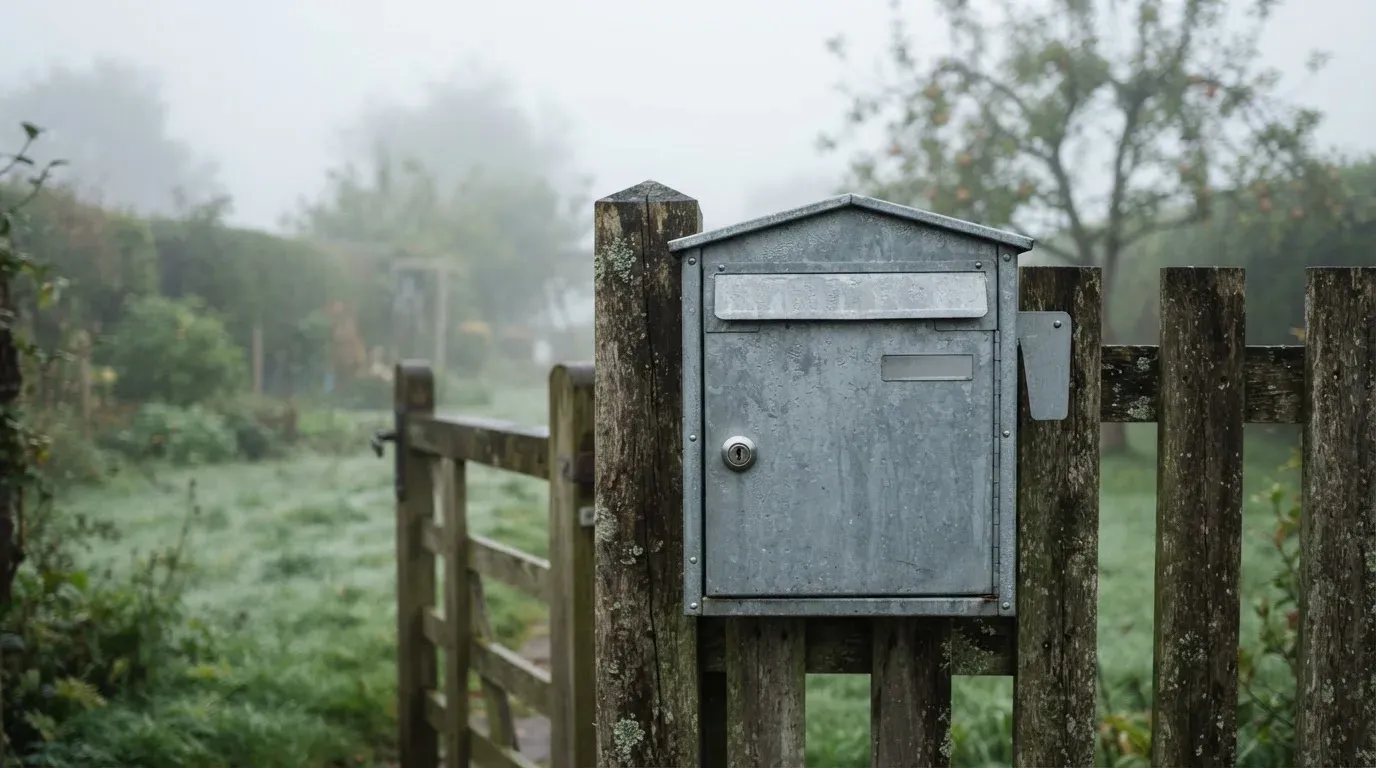Ein Briefkasten aus Metall hängt an einem Holzzaun, dahinter liegt ein Garten im Morgennebel.