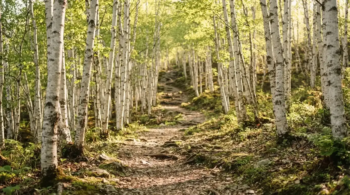 Ein Wanderweg führt zwischen hellen Birken bergauf, Sonnenstrahlen fallen durch das Laub auf den Boden.