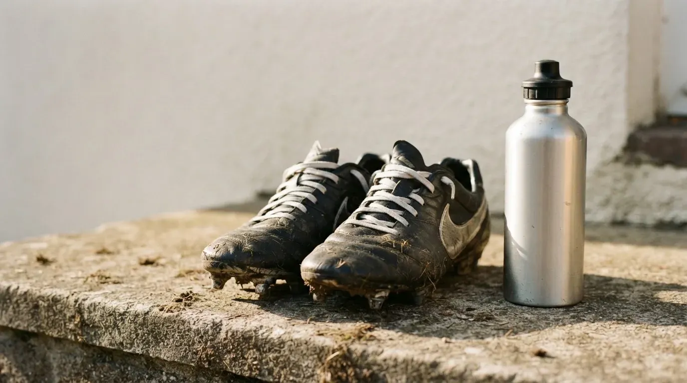 Ein Paar abgetragene Fussballschuhe steht neben einer Wasserflasche auf einer Treppenstufe im Sonnenlicht.