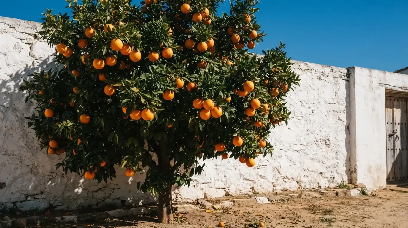 Ein Orangenbaum mit reifen Früchten wächst an einer weissen Mauer unter blauem Himmel.