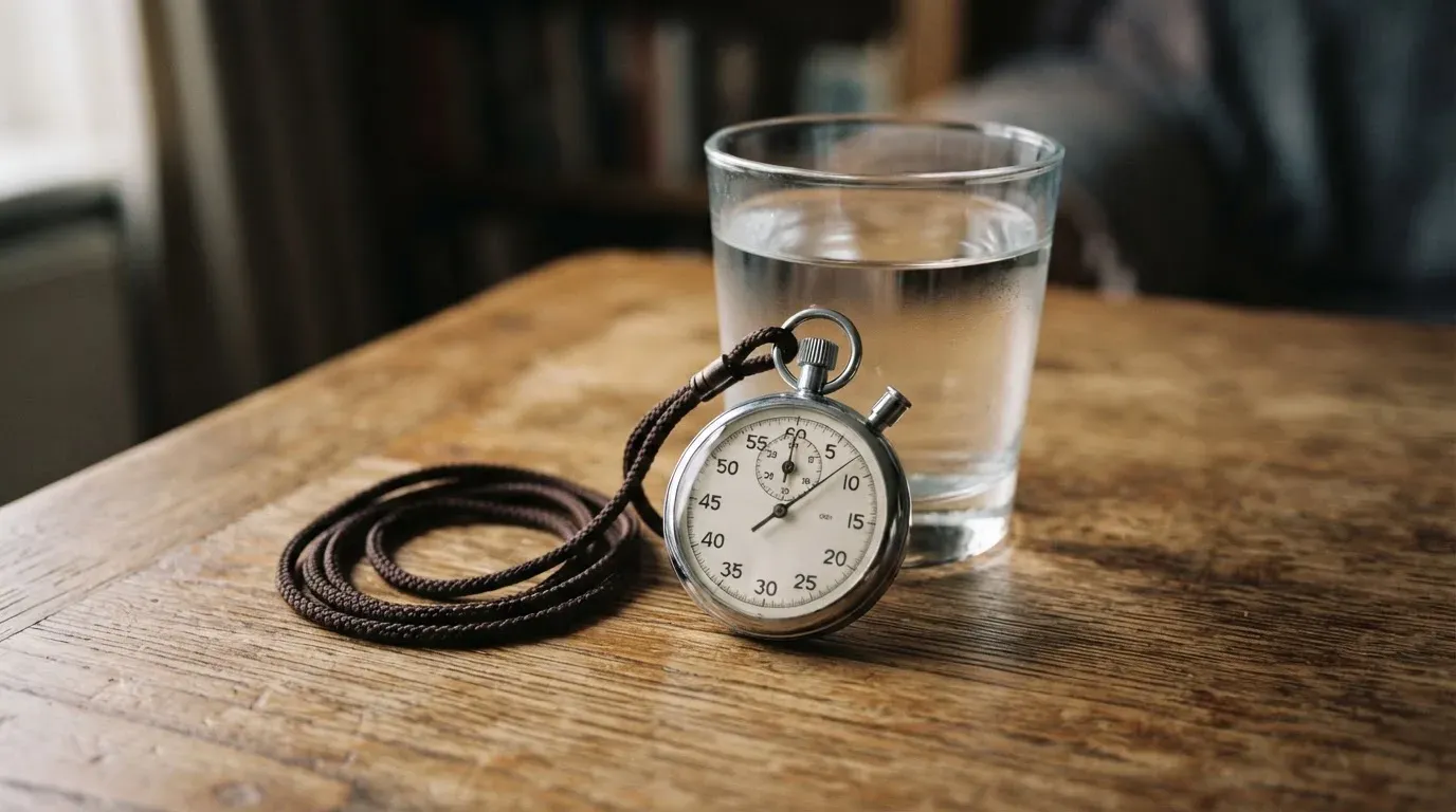 Eine Stoppuhr an einer Schnur liegt auf einem Holztisch neben einem Wasserglas, das Licht ist ruhig.