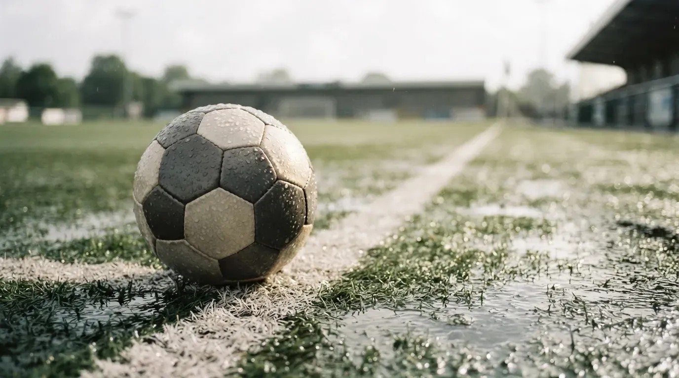 Ein Fussball liegt auf nassem Kunstrasen neben einer weissen Linie, Pfützen spiegeln den Himmel.