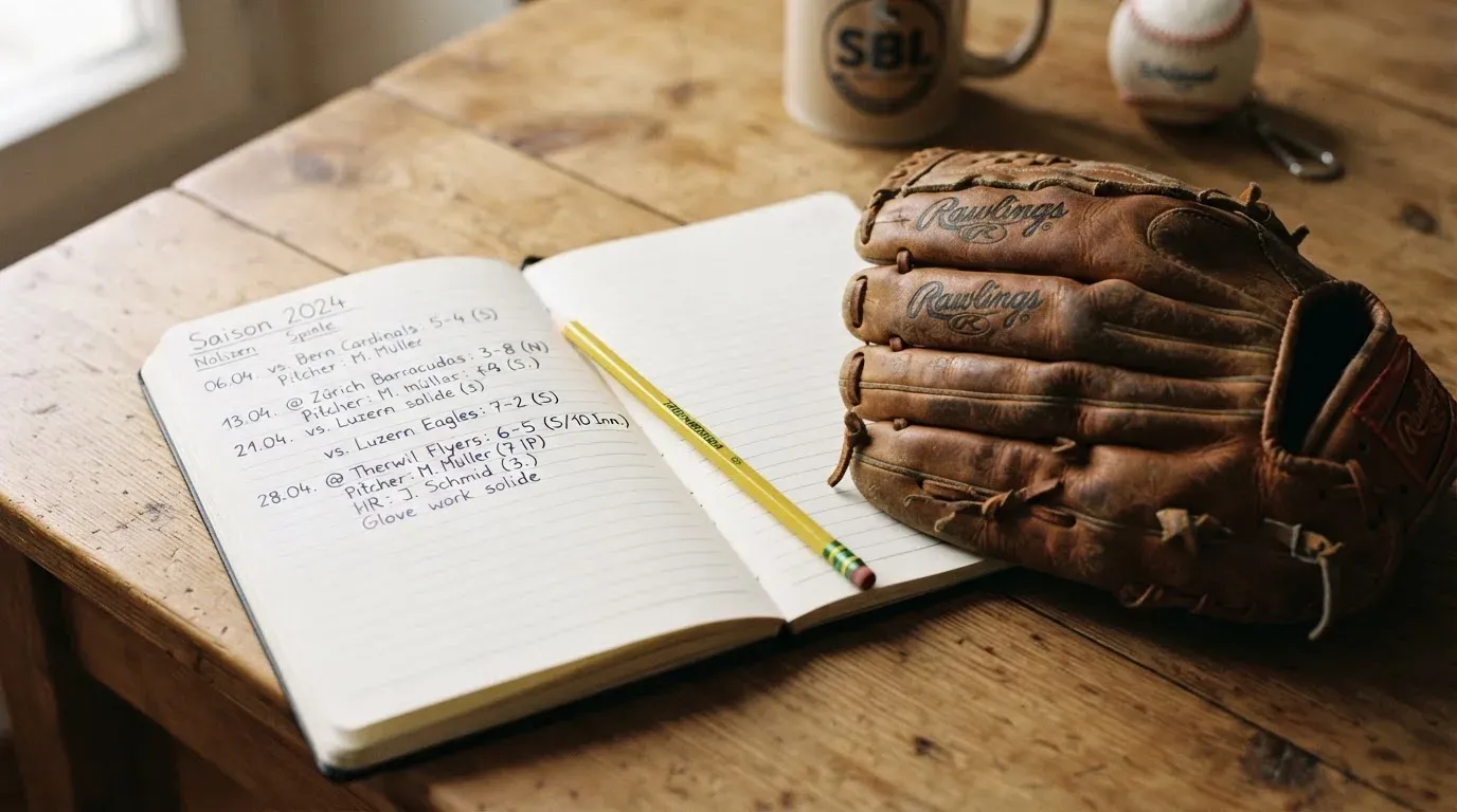 Ein aufgeschlagenes Notizbuch mit handgeschriebenen Notizen und ein Bleistift liegen auf einem Holztisch neben einem abgegriffenen Baseballhandschuh.