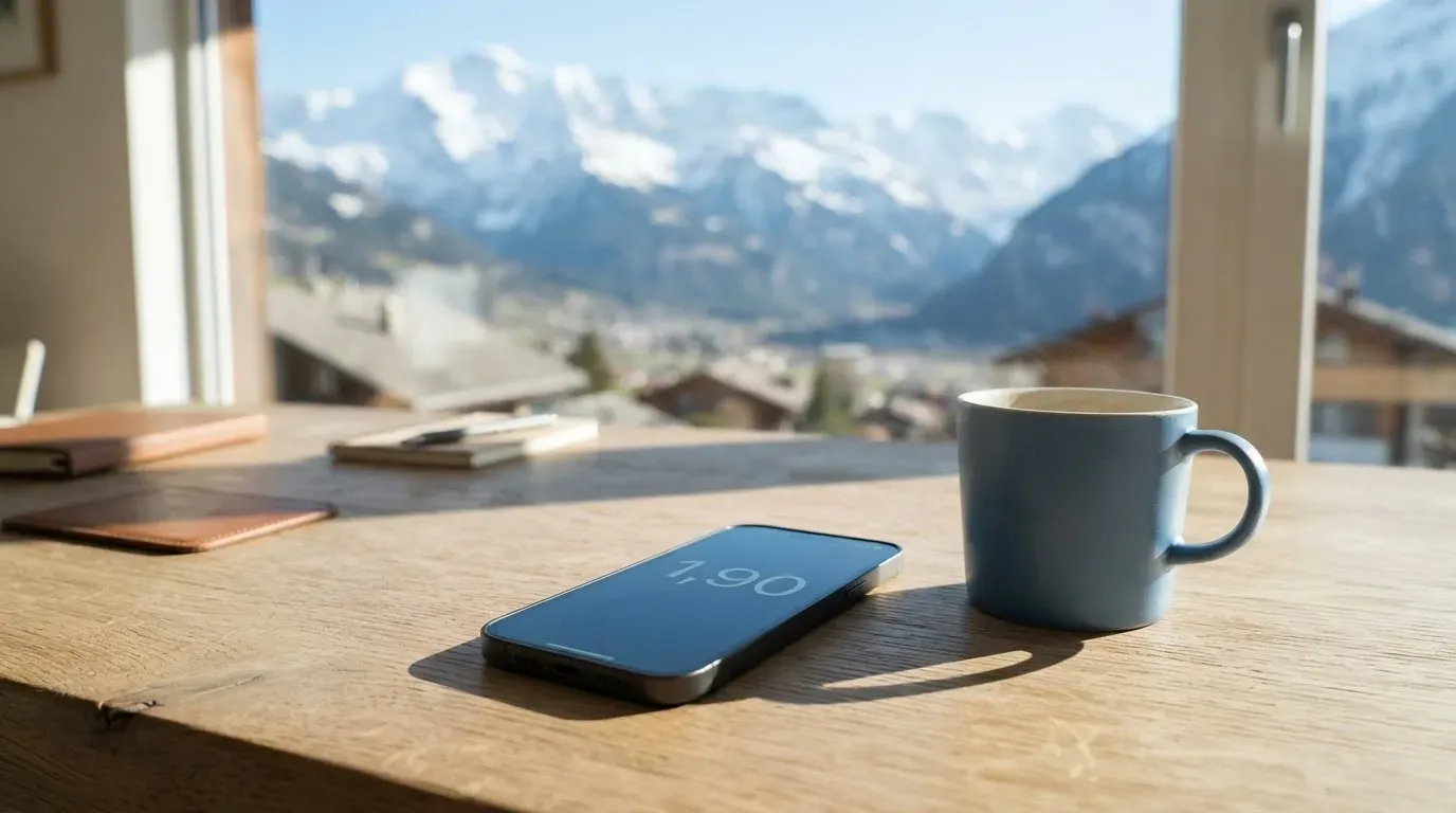 Ein Smartphone mit dunklem Bildschirm liegt auf einem hellen Schreibtisch neben einer Tasse, durch das Fenster dahinter sieht man eine Bergkette.