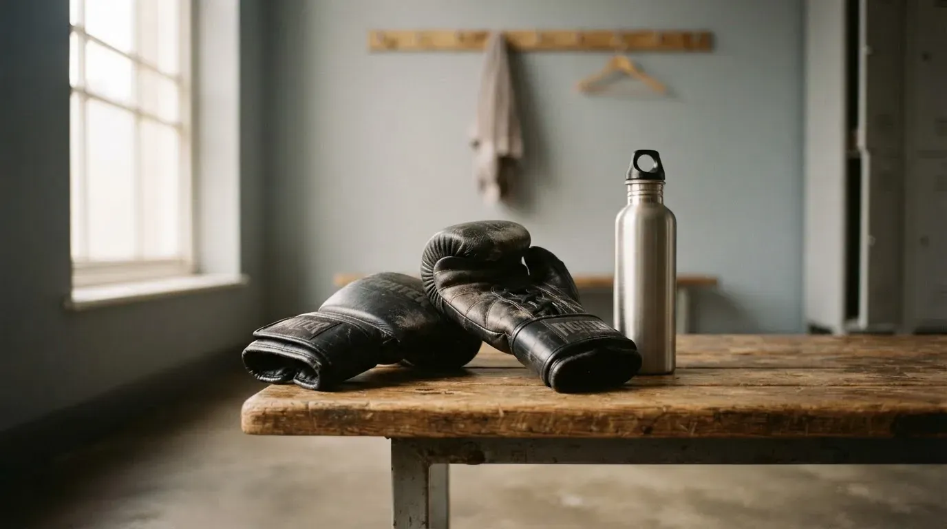 Ein Paar Kampfsporthandschuhe liegt auf einer Holzbank neben einer Wasserflasche in einer ruhigen Umkleide, durch ein hohes Fenster fällt Tageslicht.