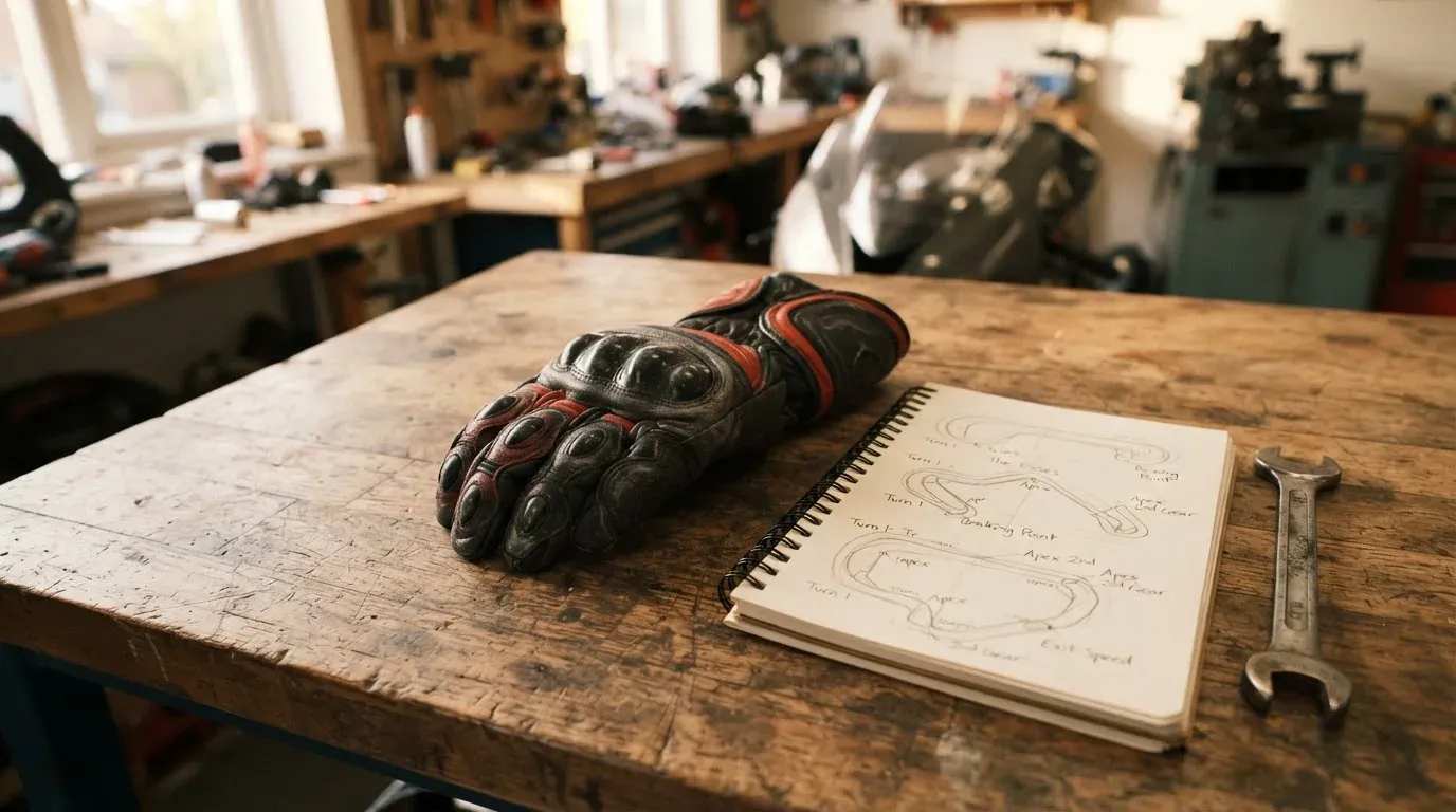 Ein Motorradhandschuh aus Leder liegt auf einer Werkbank neben einem Block mit handgezeichneten Skizzen und einem Schraubenschlüssel.