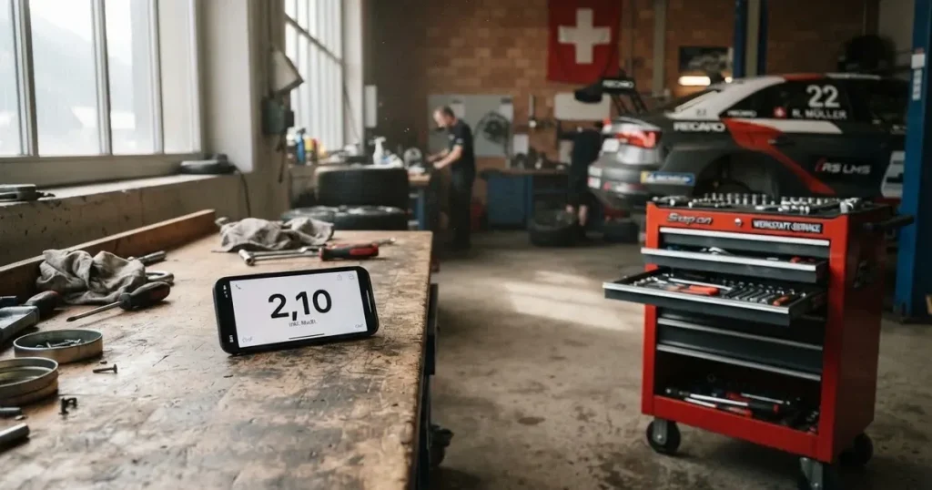Ein Werkzeugwagen mit Schraubenschlüsseln steht in einer leeren Werkstatthalle, durch ein hohes Fenster fällt weiches Tageslicht auf den Betonboden.