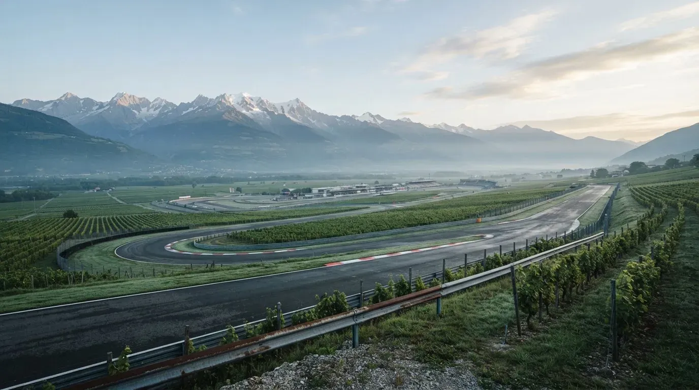 Eine Rennstrecke aus der Ferne zwischen Weinbergen und einer Bergkette, Dunst liegt am frühen Morgen über dem Asphalt.