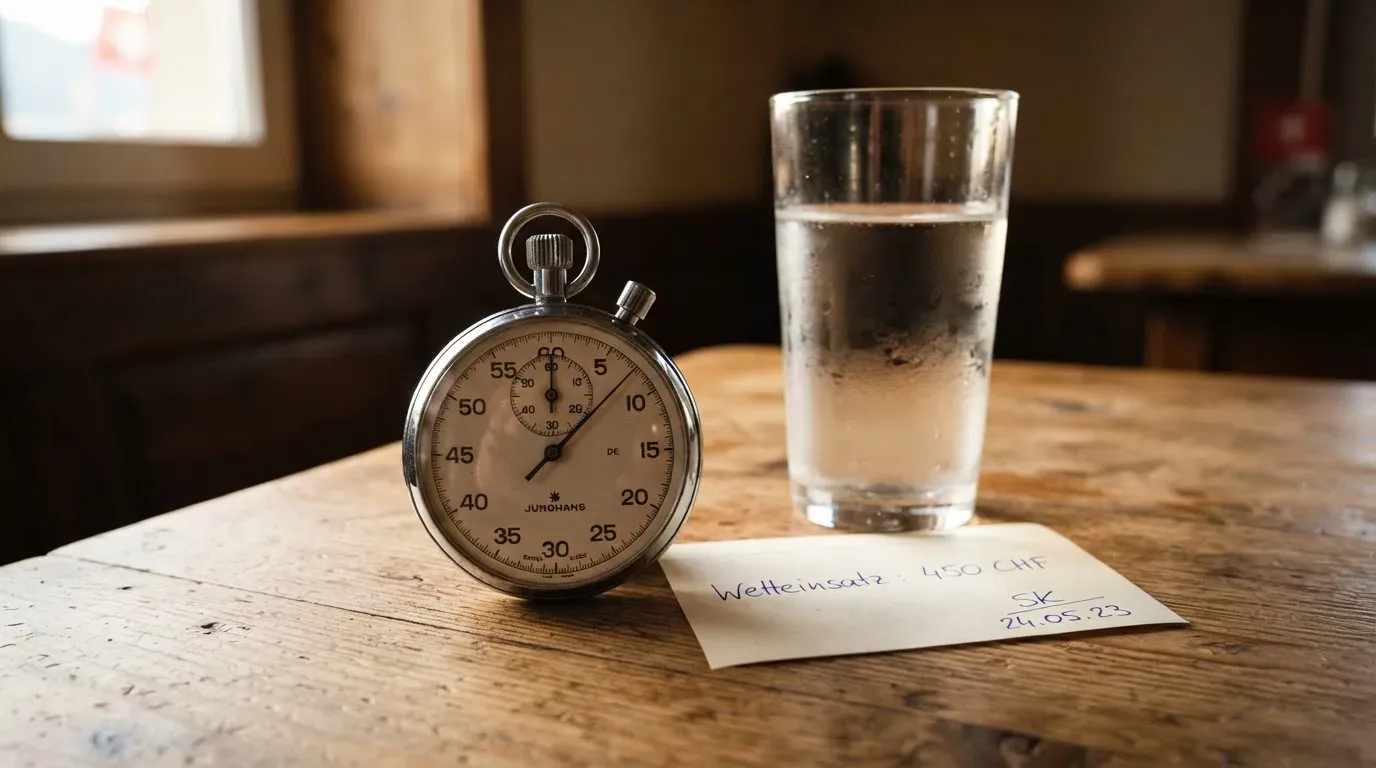 Eine Stoppuhr aus Metall liegt auf einem Holztisch neben einem Glas Wasser, das Licht fällt von der Seite durch ein Fenster.