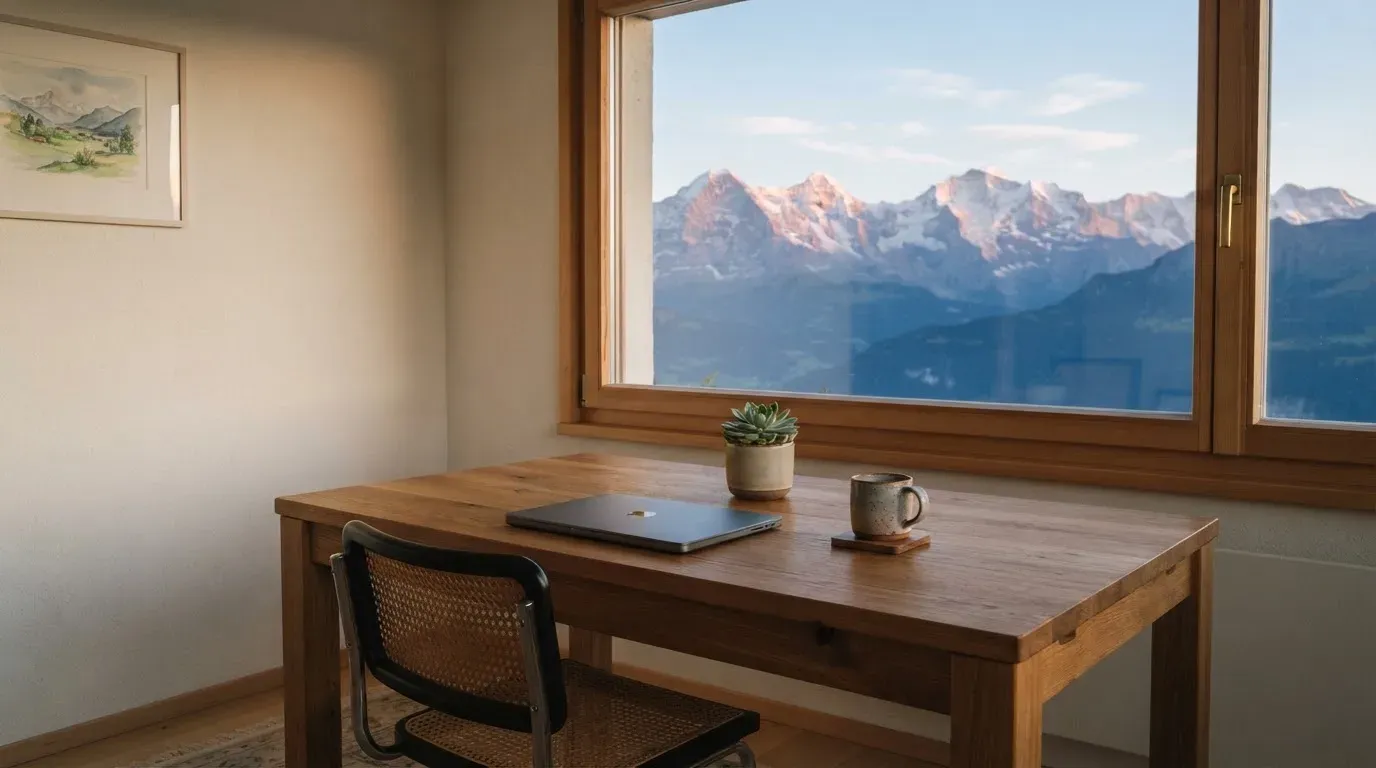 Ein Schreibtisch mit einem geschlossenen Laptop und einer Zimmerpflanze vor einem Fenster mit Blick auf eine Bergkette im Morgenlicht.
