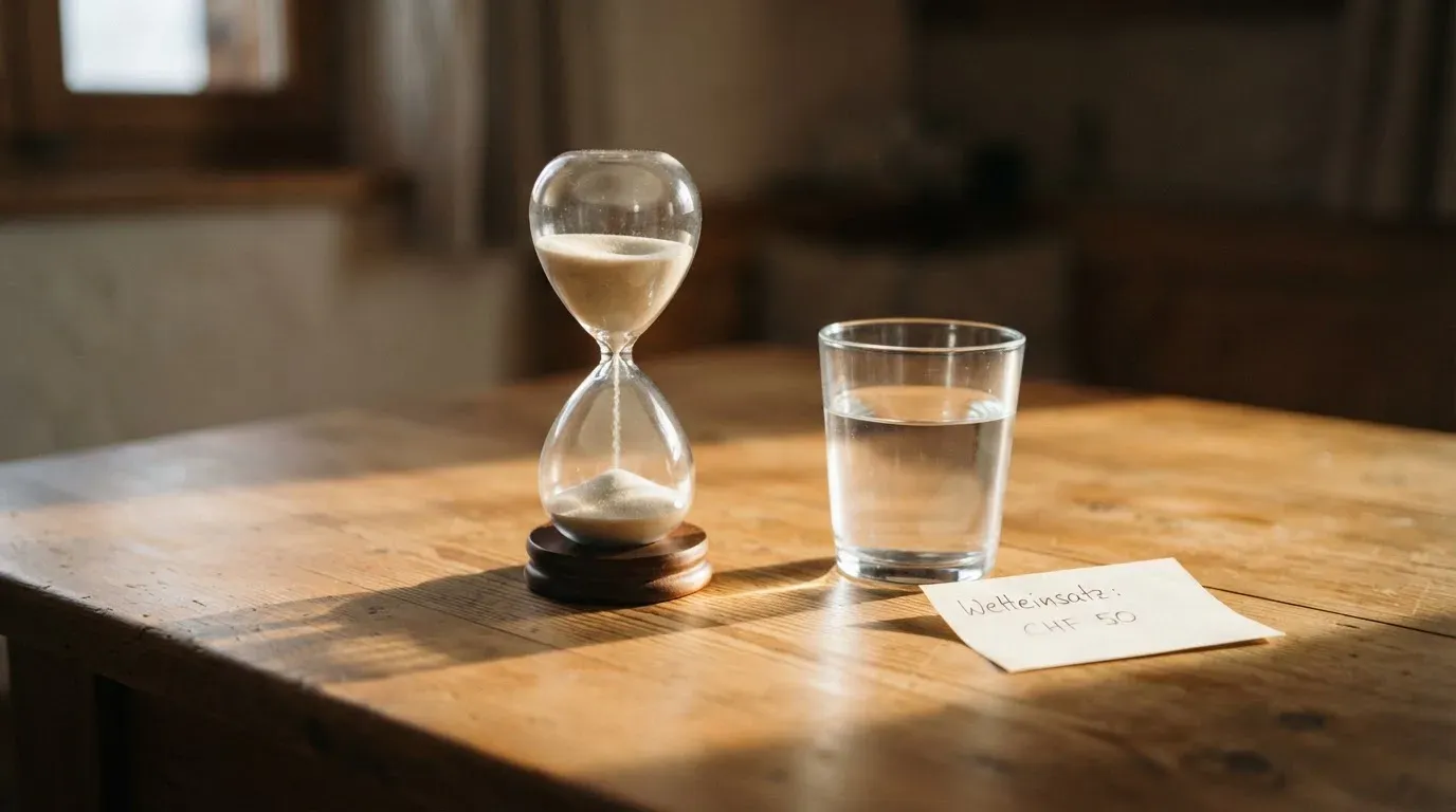 Eine Sanduhr steht auf einem Holztisch neben einem Glas Wasser, schräges Morgenlicht wirft einen langen Schatten über die Tischplatte.
