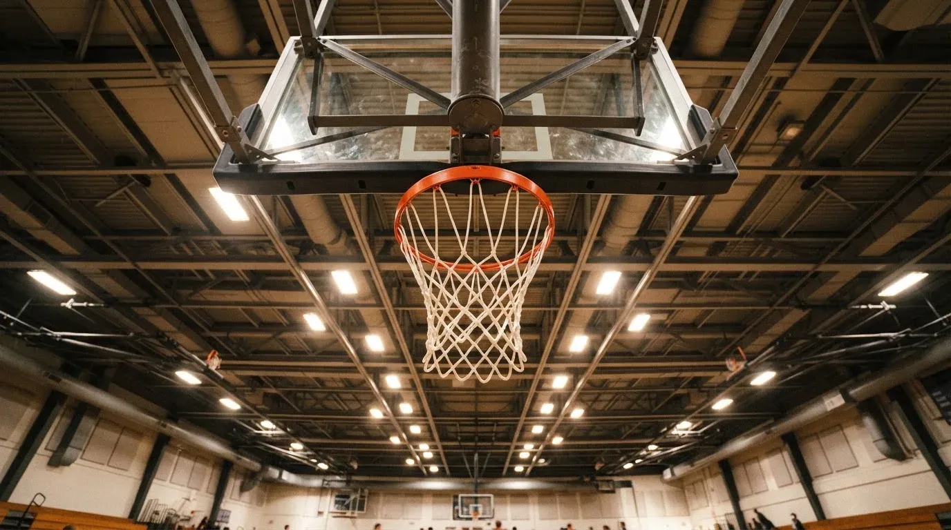 Ein Basketballkorb von unten gesehen, darüber eine Hallendecke mit Scheinwerfern und Stahlträgern.