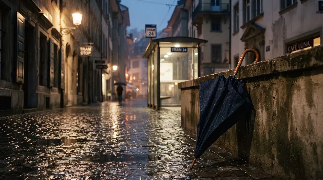Eine Tramhaltestelle bei Regen in einer Altstadtgasse, das Kopfsteinpflaster glänzt und ein einzelner Regenschirm lehnt an einem Mäuerchen.