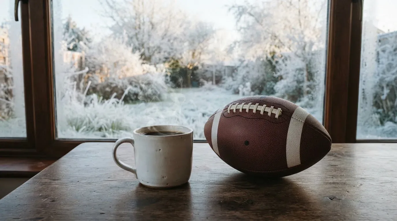 Ein Kaffeebecher und ein Football stehen auf einem Küchentisch am Morgen, durch das Fenster sieht man einen Garten mit Raureif.