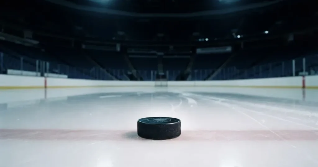 Ein Eishockeypuck liegt auf einer glatten Eisfläche, im Hintergrund erheben sich die dunklen Ränge einer leeren Halle.