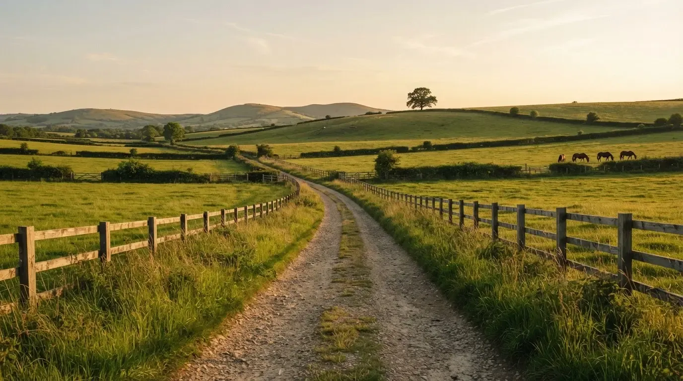 Ein Feldweg führt zwischen Weiden mit Holzzaun auf eine Hügelkette zu, über den Wiesen liegt weiches Abendlicht.