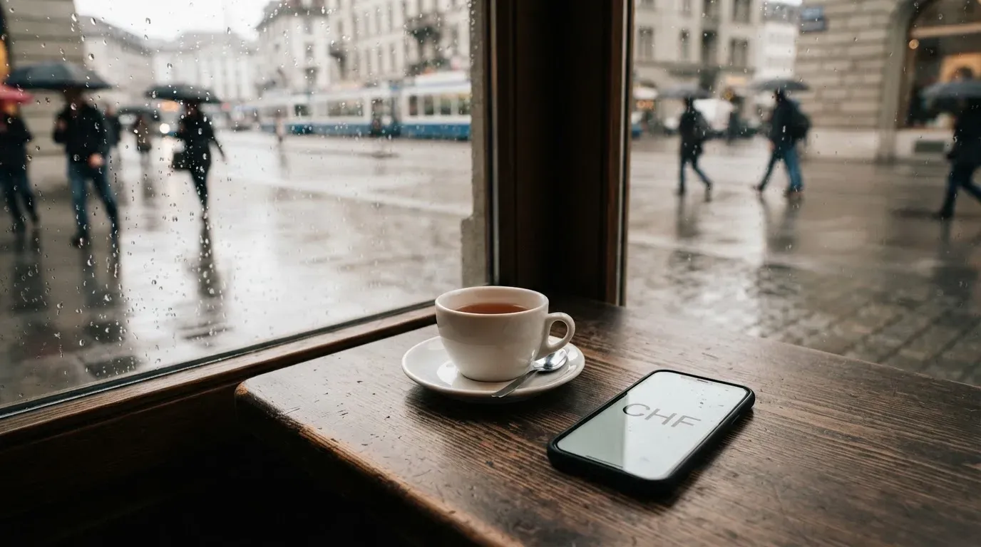 Ein Café-Tisch am Fenster mit einer Teetasse, draussen ein nasser Gehweg und Passanten mit Regenschirmen in unscharfer Ferne.